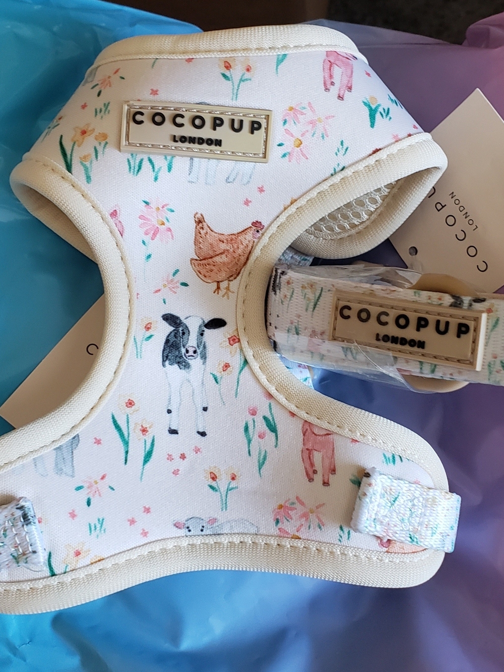 XXS COCOPOP Farm Print Harness - Cream with Pastel Animal Print